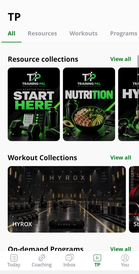 The Training Pal app home screen showing resource collections, workout collections and programmes