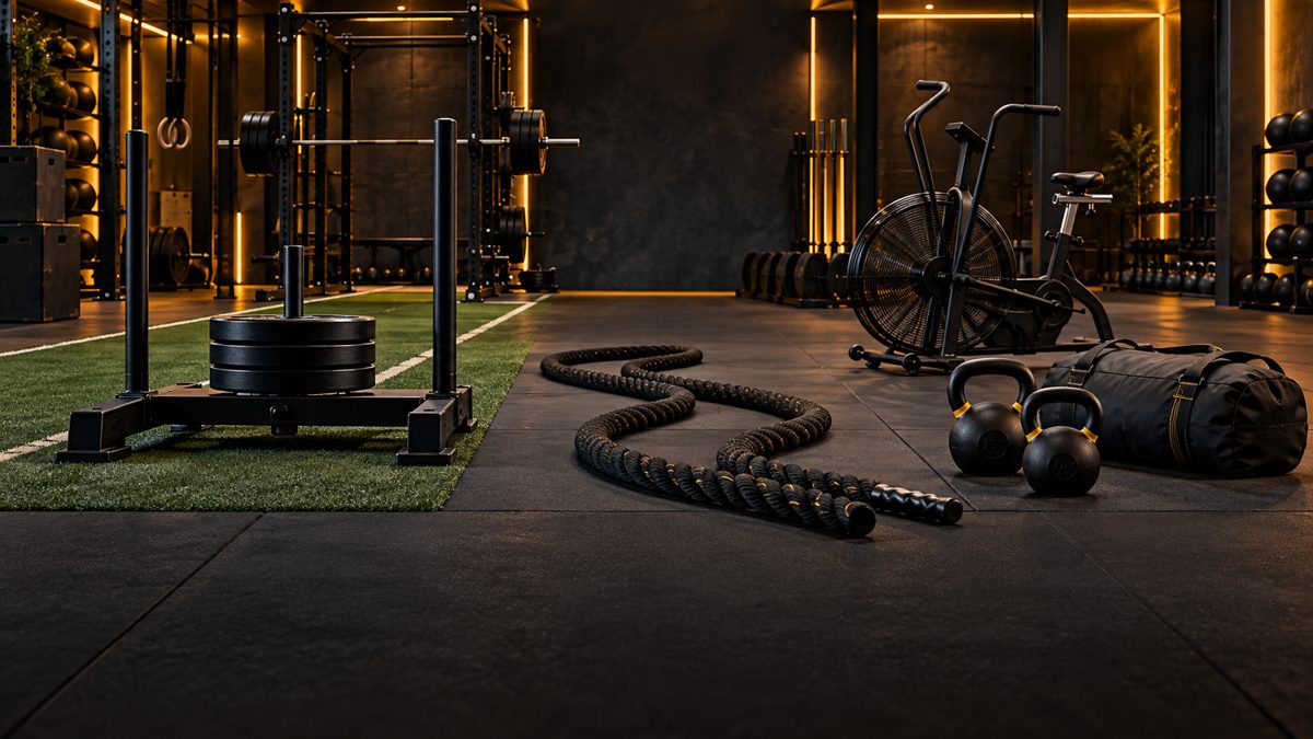 A functional training area with a sled, battle ropes, an air bike and kettlebells