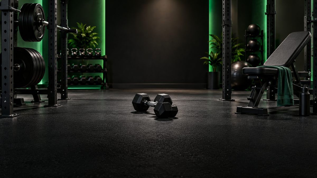 A calm gym floor with dumbbells, racks and a bench